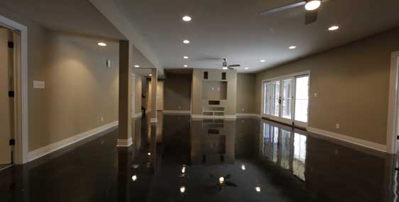 Glossy metallic epoxy floor in a home hallway