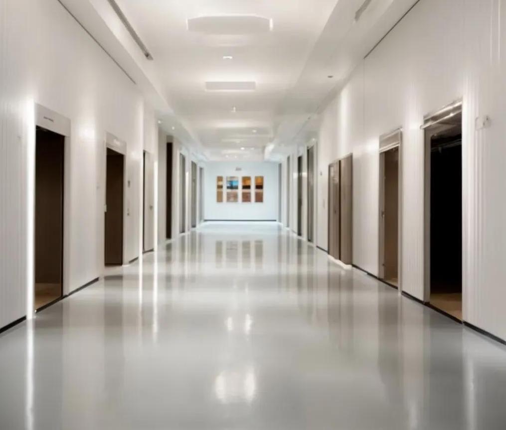 This image shows a commercial space with epoxy flooring floor.